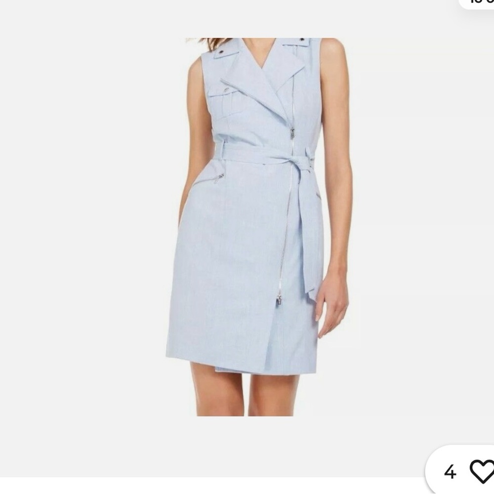 NWOT Calvin klein,  Zip-Front Belted Dress, Blue,Sleevless,V neck, Collared